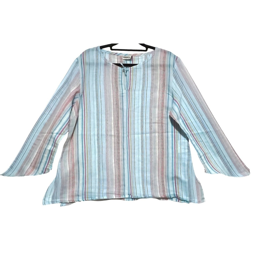 Boho Yessica Blouse Women Medium Blue Striped Long Sleeve Keyhole‎ Neck Tunic